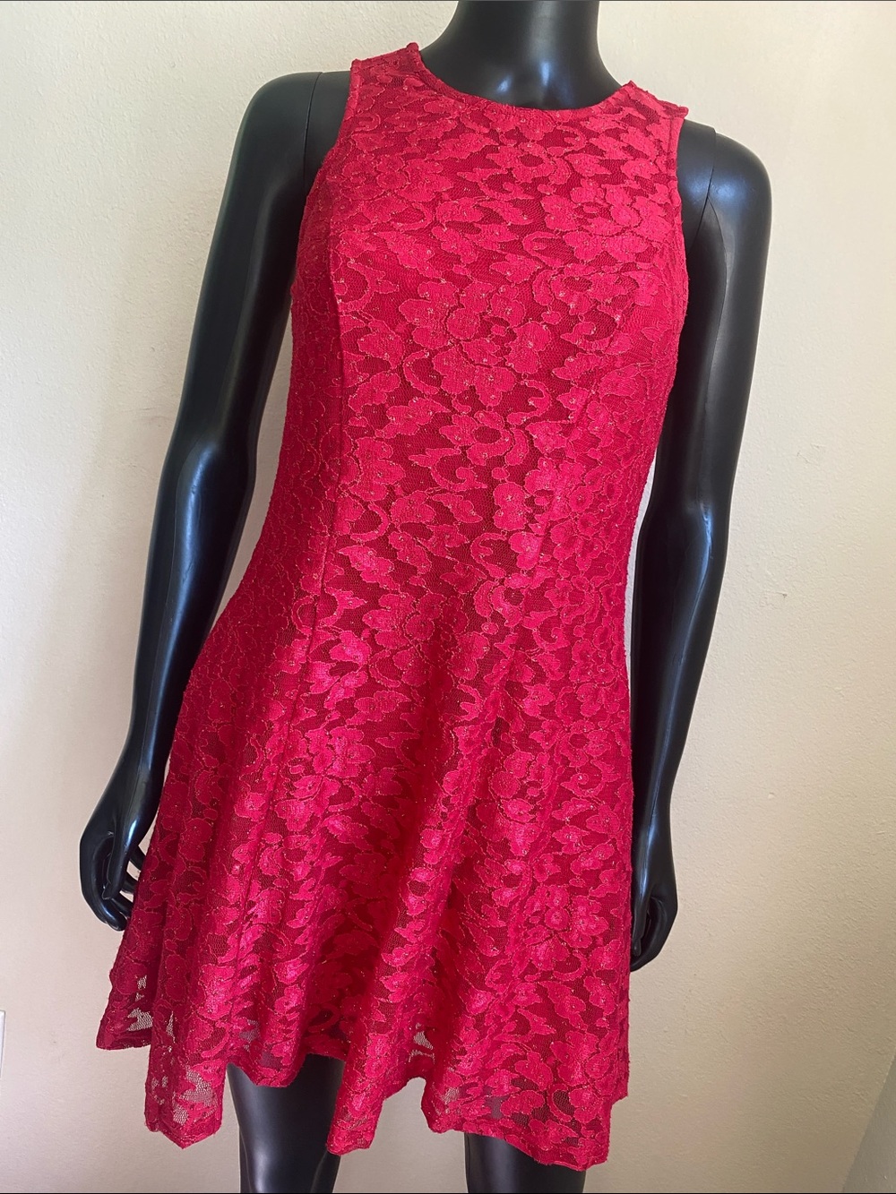 Speechless Red Sparkly Shimmery Floral Lace Scoop Neck Mini Dress